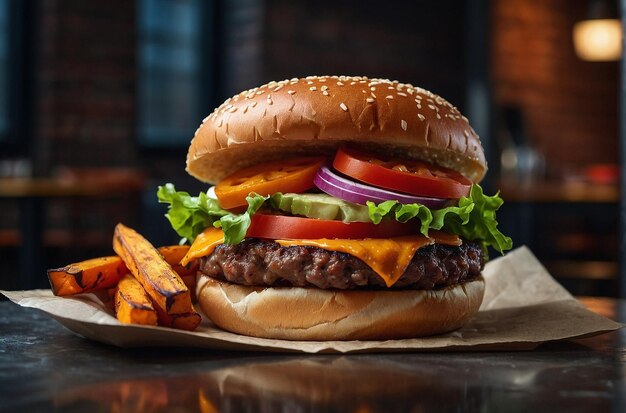 Burger servi avec une frite de pommes de terre douces à la mode