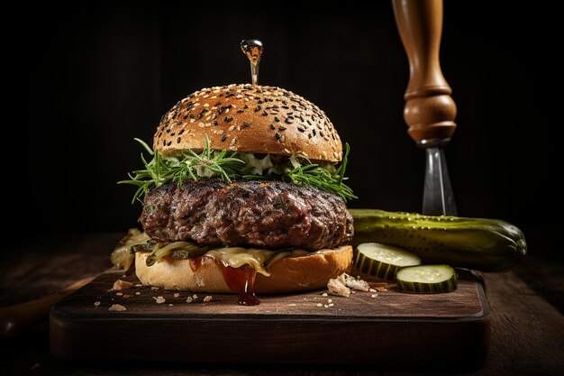 Burger servi avec une lance de cornichon à l'aneth