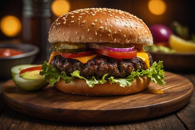 Burger servi sur un plateau en bois