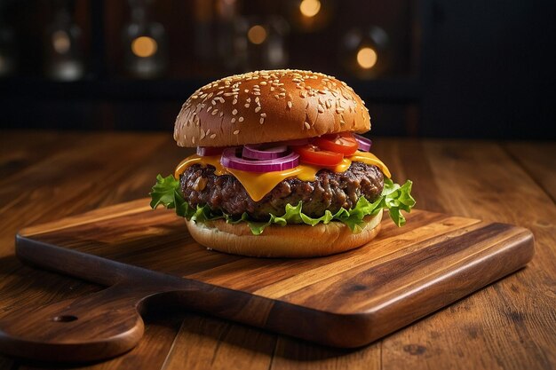 Burger servi sur une table de service en bois à la mode