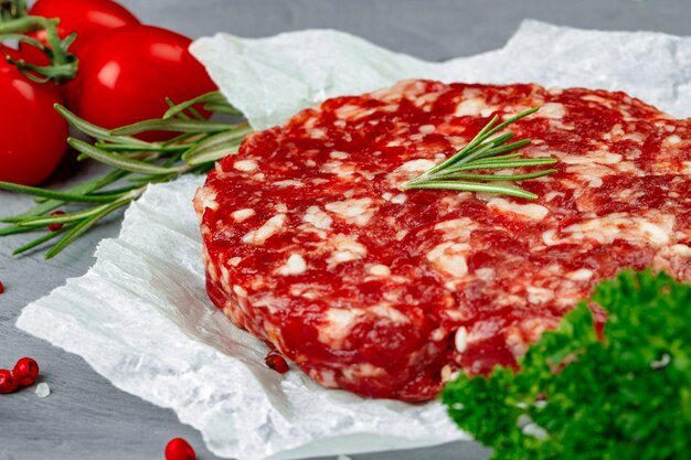 Burger de steak de boeuf haché cru fait maison frais, Close up