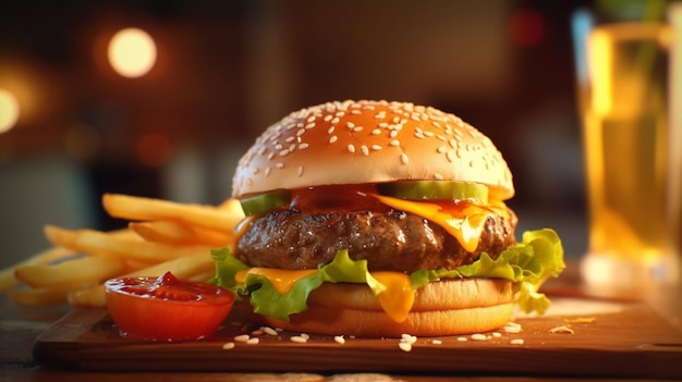 Burger sur table avec atmosphère de café généré par l'IA