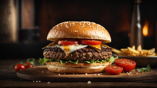 Un burger avec des tomates cerises et un bol de frites.