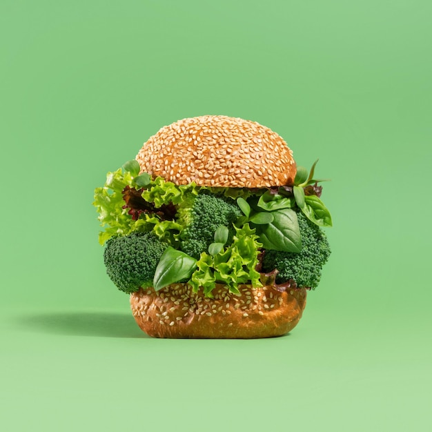 Burger végétalien de concept avec des épinards de brocoli et de la laitue