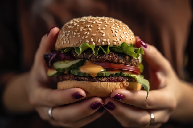 Burger végétalien dans les mains des femmes gros plan IA générative