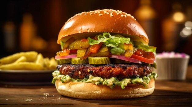 Burger végétalien avec guacamole et cornichons sur toast