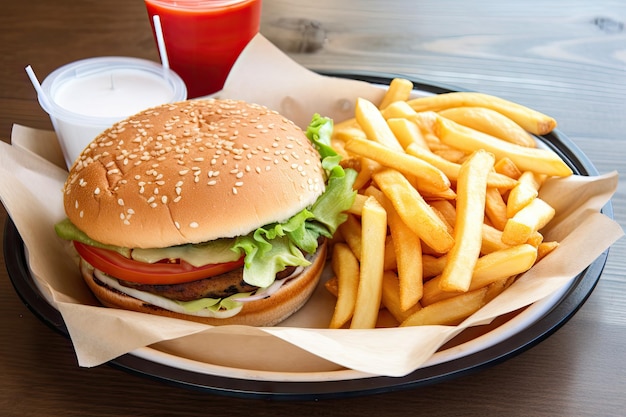 Burger végétarien et frites maison dans un cadre de restauration rapide animé