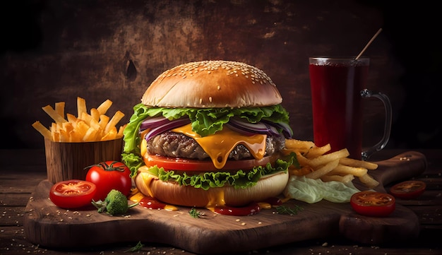 Un burger avec un verre de bière et un verre de bière