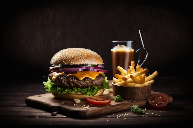 Un burger avec un verre de lait et une boisson