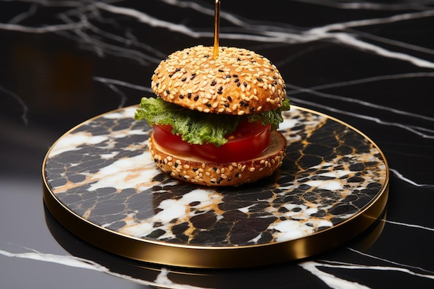 Photo burger zinger servi sur une planche d'ardoise avec un pot de cornichons et un pot de sauce