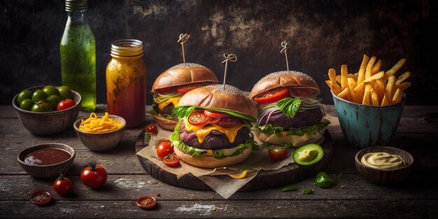 Photo burgers accompagnés de frites, de cornichons, de tomates et de nombreux condiments dans un décor naturel