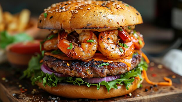 Burgers aux crevettes et crevettes sur planche de bois