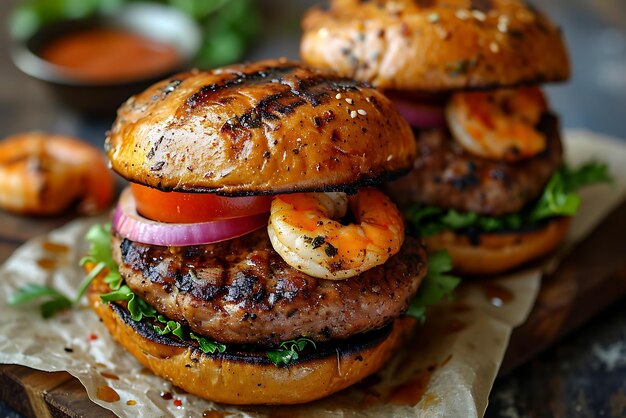 Burgers aux crevettes et crevettes sur planche de bois