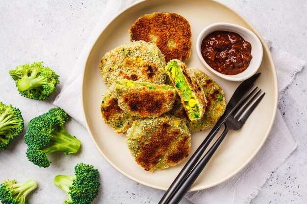 Burgers de brocoli Veggie vert dans un plat blanc sur fond blanc.