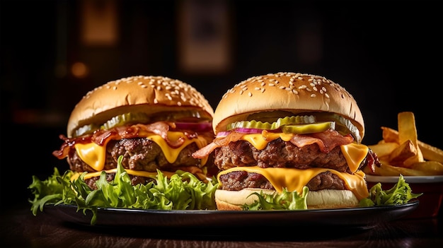 Burgers avec escalopes de boeuf tomates fromage laitue et oignons sur plaque noire AI généré