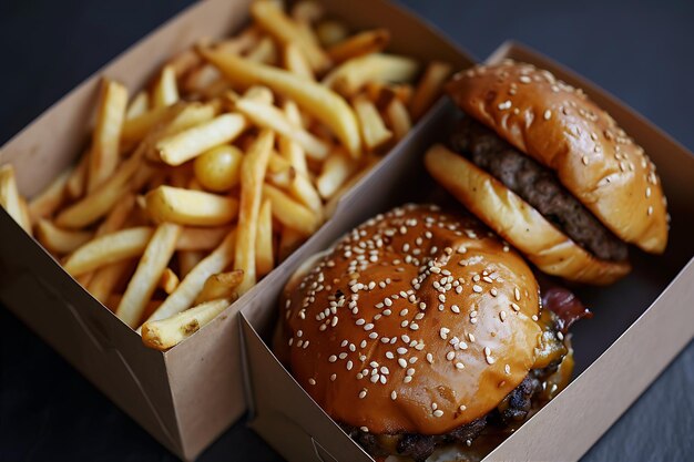 Burgers et frites avec pommes de terre dans une carte