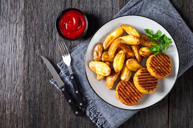 Burgers de poisson grillé avec quartiers de pommes de terre au four