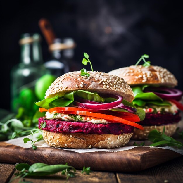 Photo burgers végétariens en gros plan sur une planche à couper