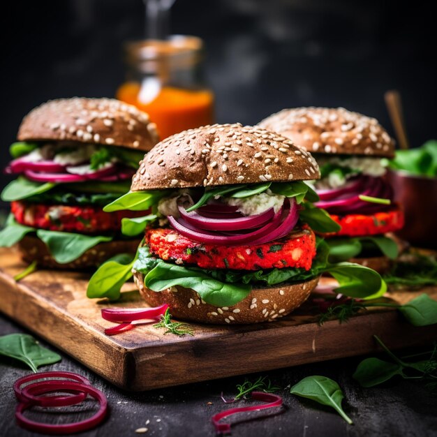 Photo burgers végétariens en gros plan sur une planche à couper