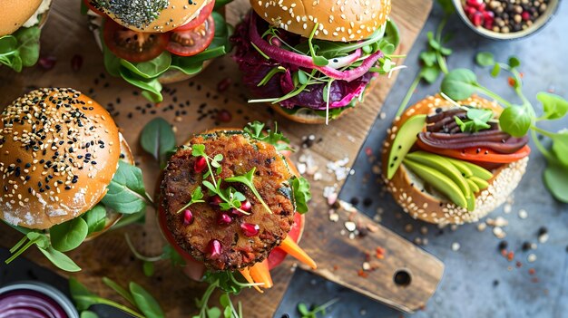 Photo burgers végétariens et végétaliens vibrants sur des planches de bois pour présenter une variété de végétarians