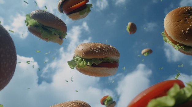 Burgers volant dans le ciel avec un ciel bleu en arrière-plan