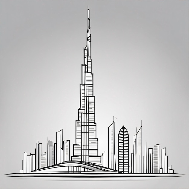 Burj Khalifa Lineart et le centre-ville de Dubaï au crépuscule aux Émirats arabes unis