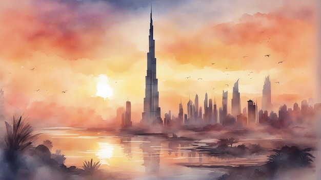 le burj khalifa en peinture à l'aquarelle