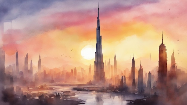 le burj khalifa en peinture à l'aquarelle