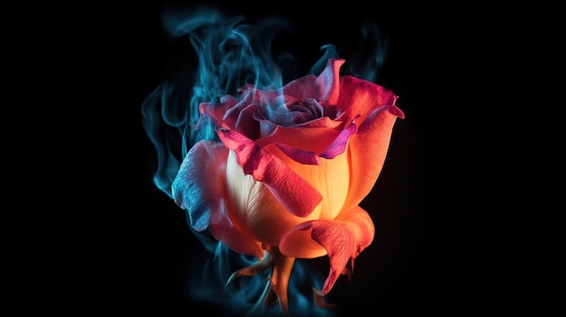 Burning Flower Flower on fire pink rose en flamme sur fond noir Ai générative