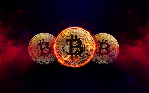 Burning golden bitcoin coin dans le concept de crypto-monnaie fond fumée rouge