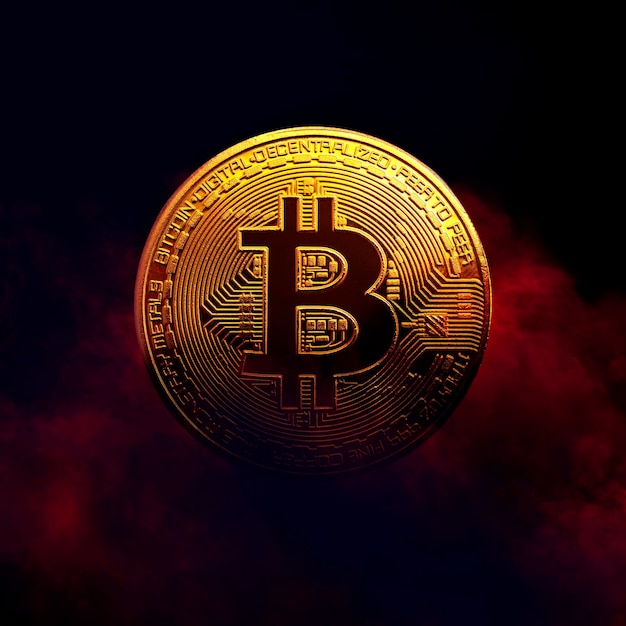 Burning golden bitcoin coin dans le concept de crypto-monnaie fond fumée rouge