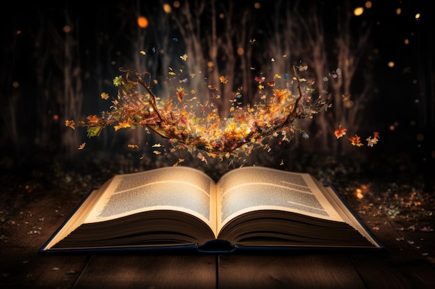 Burning magic book in the dark Halloween concept 3D Rendering Un livre ouvert avec une histoire qui prend vie à partir de ses pages générée par l'IA