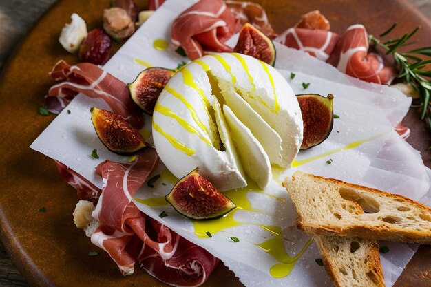 Burrata apéritif avec du prosciutto, de l'huile d'olive, des figues séchées et du pain torréfié