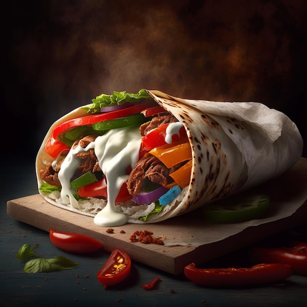 Un burrito avec beaucoup de légumes et beaucoup de sauce dessus