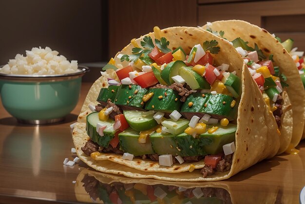 Burrito de bœuf mexicain imprudemment préparé sur une assiette en bois rustique taco tacos mexicains avec viande de bœuf maïs et salsa cuisine mexicaine