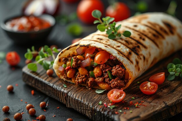 Photo burrito de bœuf avec de la salsa rouge épicée