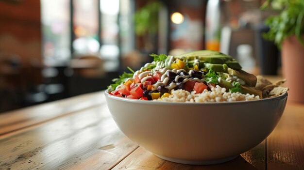 Photo burrito bowl de style chipotle contre un intérieur de café à la mode