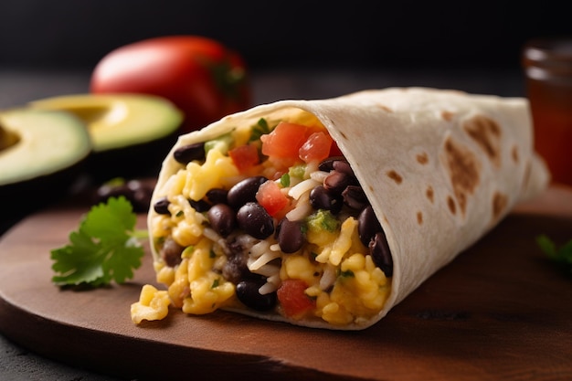 Burrito copieux pour le petit-déjeuner avec des œufs brouillés, des légumes et des haricots