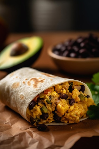 Burrito copieux pour le petit-déjeuner avec des œufs brouillés, des légumes et des haricots