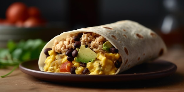 Burrito copieux pour le petit-déjeuner avec des œufs brouillés, des légumes et des haricots