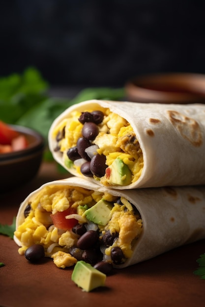 Burrito copieux pour le petit-déjeuner avec des œufs brouillés, des légumes et des haricots