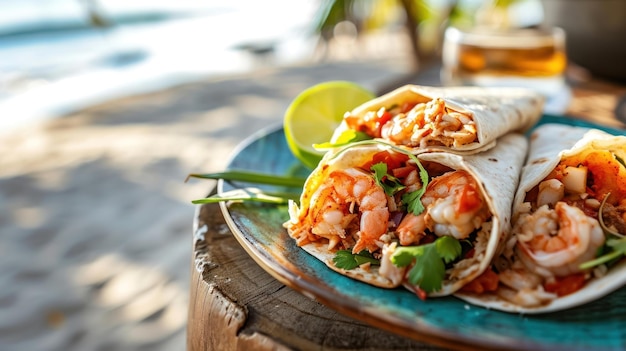 Burrito à la crevette sur le fond d'un café côtier