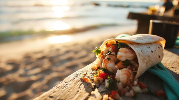 Photo burrito à la crevette sur le fond d'un café côtier