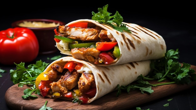 Burrito avec du poulet grillé et des légumes fajitas pain pita shawarma