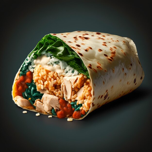 Un burrito avec du riz, des carottes et du poulet dessus.