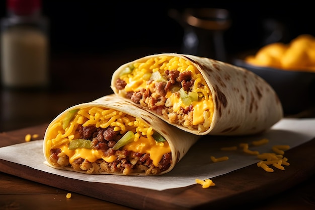 Un burrito avec une garniture au fromage et au bacon.