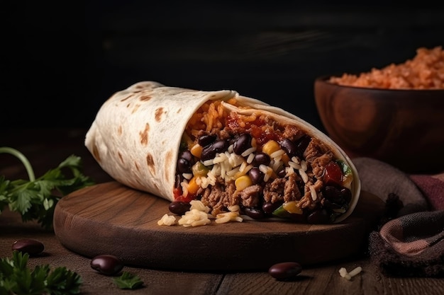 Burrito mexicain de restauration rapide rempli de haricots de riz et de bœuf ou de poulet épicé