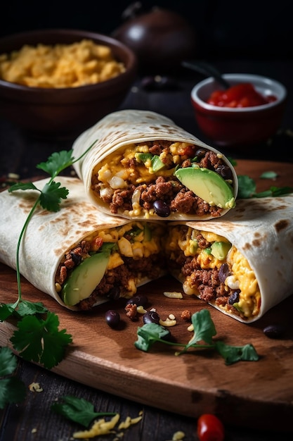 Un burrito de petit-déjeuner avec un côté de salsa et d'avocat.