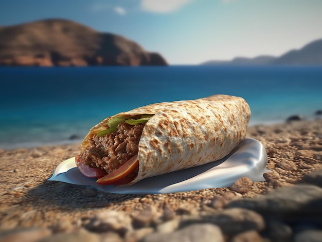 Un burrito sur la plage avec une photo d'une plage en arrière-plan