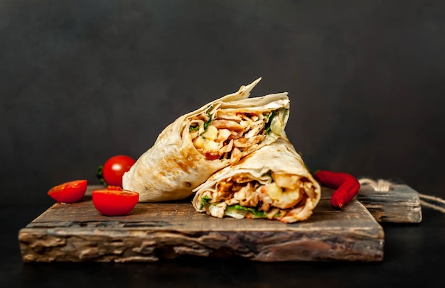 Burrito s'enroule avec du poulet et des légumes sur une planche à découper, sur un fond de béton, shawarma mexicain